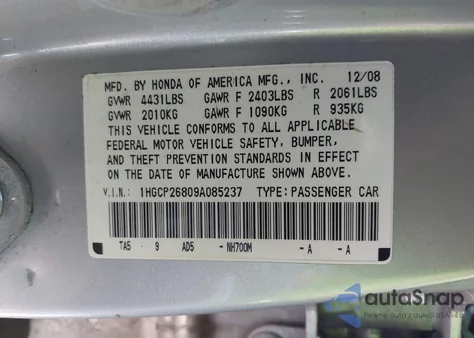 2009 Honda Accord 2.4 Ex-L from USA, damaged, VIN 1HGCP26809A085237